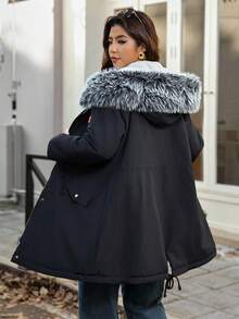 Vionelle Franclia 女式前拉链长袖仿皮草拼接简约休闲连帽冬季派克大衣 - 黑色 - 查看 2