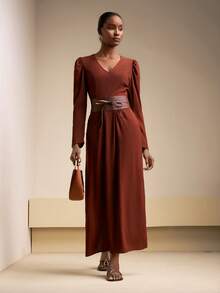Zivah 2025 Autumn New Arrival Daily Commute Casual High-End Elegant Minimalist Streetwear Style Gigot Sleeve V-Neck Pocket Pleated Design H-Line Brown V-Neck Long Dress - Rust Brown - View 1