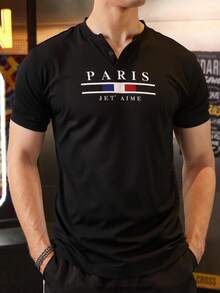 Manfinity Dauomo Sommerneu Lässig Herren Kurzarm-T-Shirt mit Henley-Ausschnitt, amerikanischer Stil bedruckte Shorts für Reisen/Urlaub/Outdoor Camping