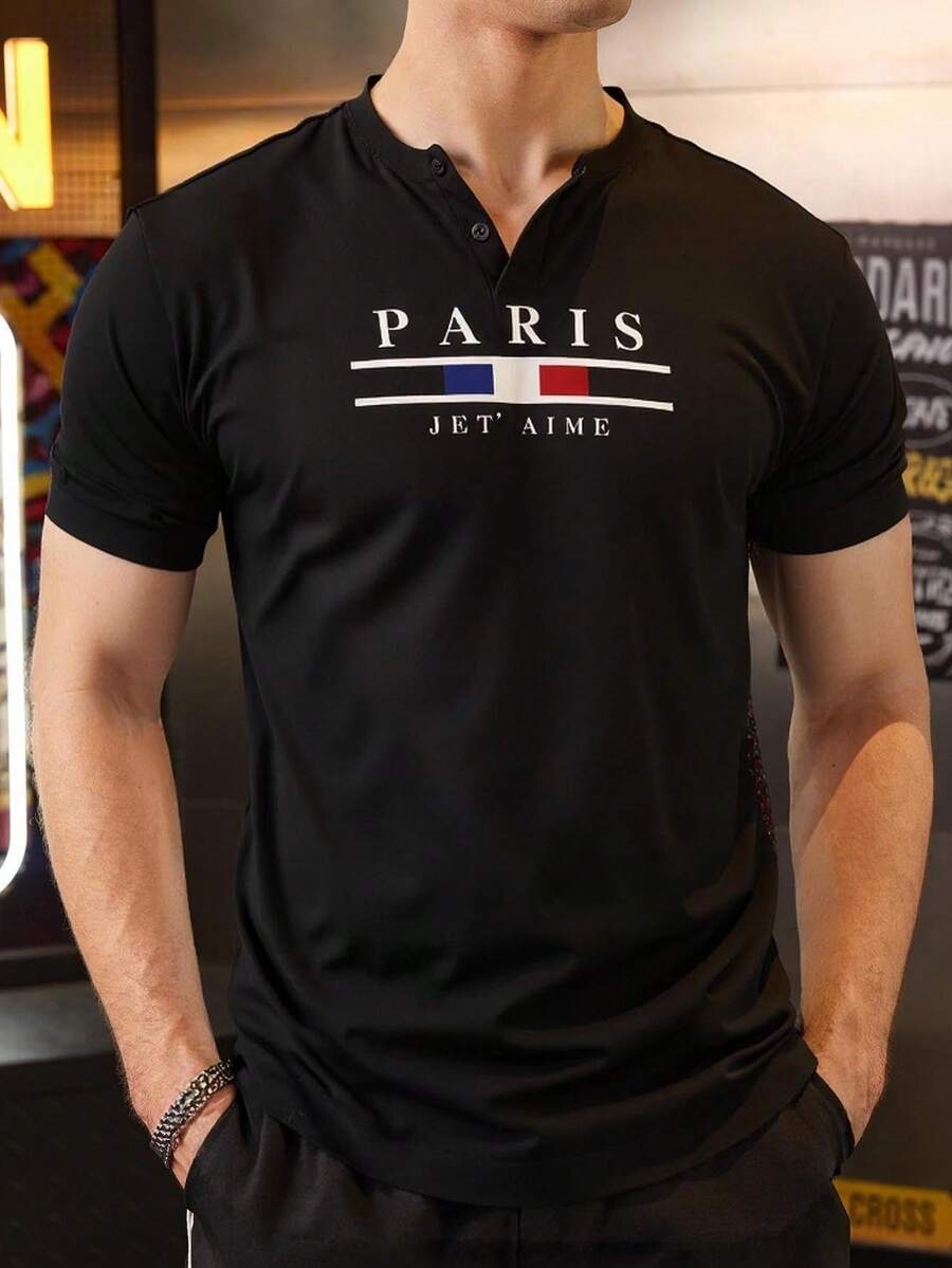 Manfinity Dauomo Sommerneu Lässig Herren Kurzarm-T-Shirt mit Henley-Ausschnitt, amerikanischer Stil bedruckte Shorts für Reisen/Urlaub/Outdoor Camping