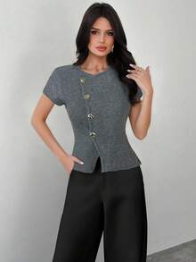 Firerie Women's Deep Floral V-Neck Metal Button Front Cap Sleeve Sweater Top, Everyday Commute Knitwear, New Arrival For Spring, Autumn & Winter - Grey - View 2