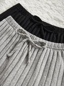 SHEIN 2件装女士简约纯色黑色和浅灰色仿抽绳设计超柔软舒适宽罗纹针织阔腿裤，休闲宽松居家裤，冬季