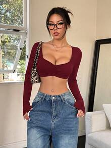 SHEIN EZwear Áo croptop nữ gợi cảm tối giản, màu trơn, cổ tim, tay dài, xếp ly, thích hợp cho mùa xuân/hè/thu, màu đỏ, áo đỏ cho nữ. - Màu Đỏ Sâu - Xem 6