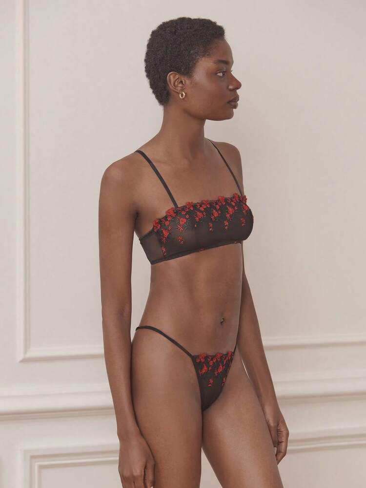 Red Floral Embroidered Balconette Bra And Matching Thong Lingerie Set Sexy Lingerie Set Black Floral Lingerie Set Spring Summer Valentines Day