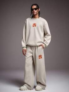 STYNVO 男士字母刺绣圆领长袖休闲套头卫衣和运动裤套装 - 杏色 - 查看 2