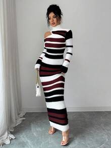 SHEIN Elenzya Elegant Casual Multi-Color Striped Turtleneck Waist Fitted Knit Sweater Dress For Women, Suitable For Commuting, Autumn/Winter - Burgundy - View 5