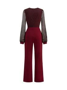 Ellevyn 女士V领红色针织弹力腰修身直筒裤，闪亮优雅，适合日常穿着、派对、新年、秋冬季节。 - 紅色 - 查看 10