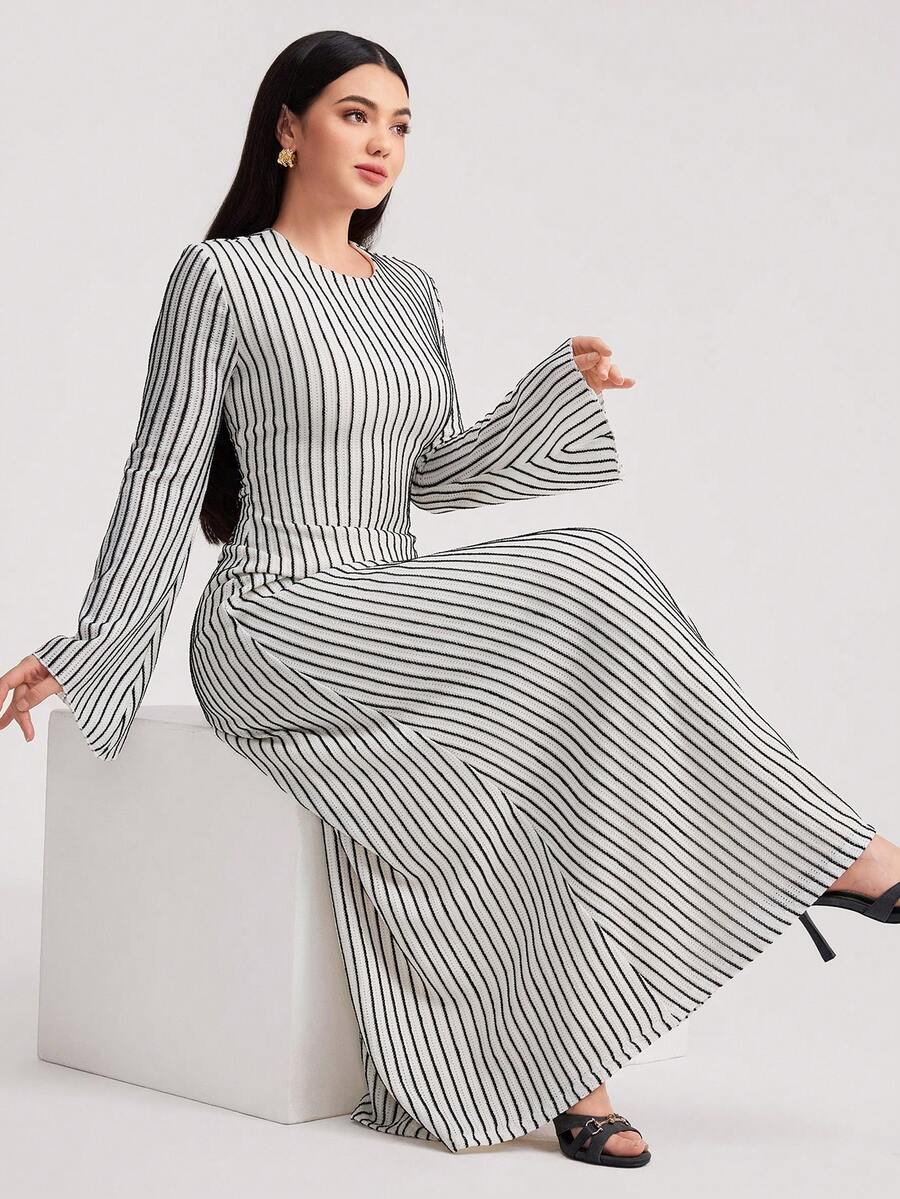 Veilorie Váy midi tay loe bó eo mới thanh lịch và đa năng - Đen và trắng - Xem 1