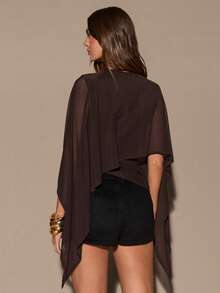 SHEIN BAE 女士棕色斗篷式披肩领修身褶皱针织上衣，优雅针织衫，秋冬款 - 棕色 - 查看 2