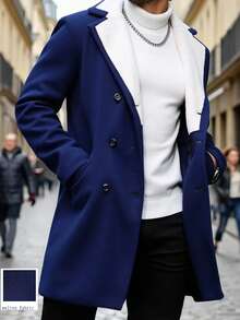 Manfinity CasualCool Jaqueta casual masculina de outono/inverno com gola lapela, mangas compridas, forro térmico e abotoamento duplo. - Azul marinho - Ver 3