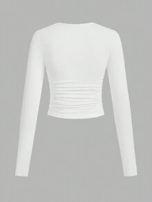 SHEIN EZwear 3件套女士休闲纯色圆领褶皱长袖T恤，秋冬季 - 白色 - 查看 7