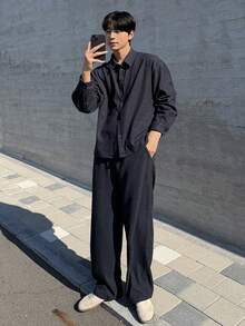 DAZY 纹理面料藏蓝色男士短袖衬衫套装，秋季 - 藏蓝色 - 查看 5