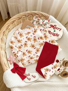 SHEIN Weihnachtsfeier, cremeweiß & burgunderrot, süßer Lebkuchenmann & Schleifen-Muster, Baby Mädchen Lässig weich warm Rundhals Langarm Sweatshirt und Leggings Set, geeignet für Herbst/Winter Alltagstragen, Weihnachten, Neujahr, Straßenmode, Zuhause, Urlaub