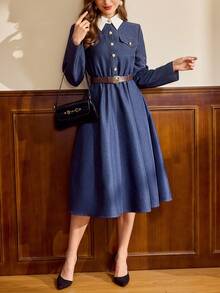 Vintamour Vintage Elegant Women's Dress With Pockets, Waist Belt, Contrast Buttons, Casual Commute Holiday Dress Navy Blue School - Blue - View 2