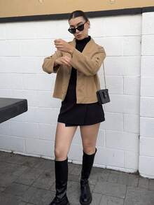 Andrea Bello 女士休闲通勤短款夹克，独特设计复古翻领风衣轻薄外套 - 卡其色 - 查看 4