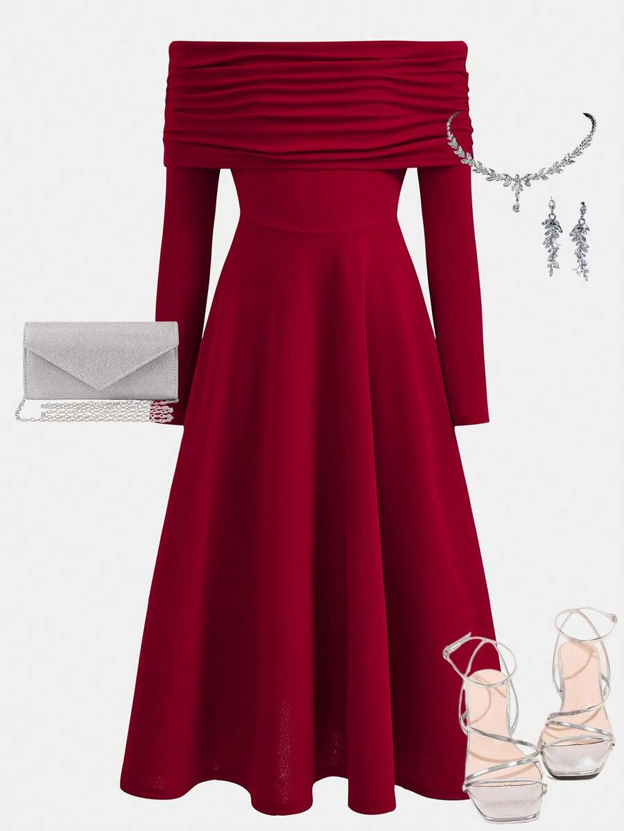 SHEIN Girlism 少女露肩褶饰A字长裙，红色 - 酒紅色 - 查看 1