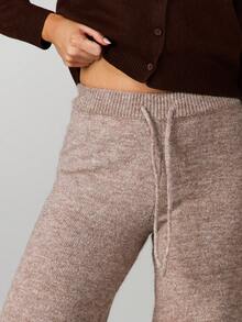 MISSGUIDED Quần ống rộng dệt kim ấm áp cho nữ mùa thu đông thường ngày quần palazzo cạp cao dây rút thoải mái - Màu Khaki - Xem 4