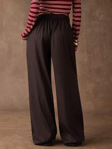 SHEIN BAE 女士纯色弹力腰带口袋阔腿宽松休闲裤 - 咖啡棕 - 查看 2