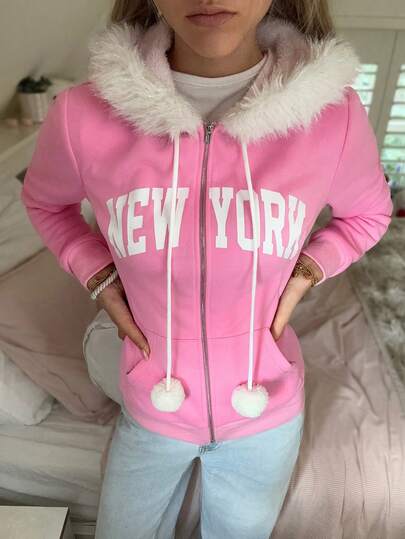 CovetEZ Women's Autumn/Winter New Arrival Clean Girl Sweet, Casual, Warm, Christmas-Themed, Cute New York Letter Print Hoodie With Fleece Lining And Color-Blocked Collar, Pink
