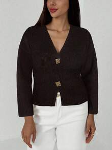 Aloruh Nueva chaqueta de punto de cuello en V profundo de manga larga y silueta ajustada con botones, versátil suéter casual de punto para otoño/invierno - Café integral - Ver 3