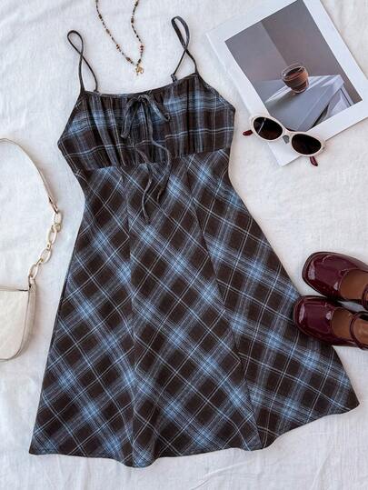 Teen Girls' Vintage Plaid Camisole Dress, Autumn/Winter