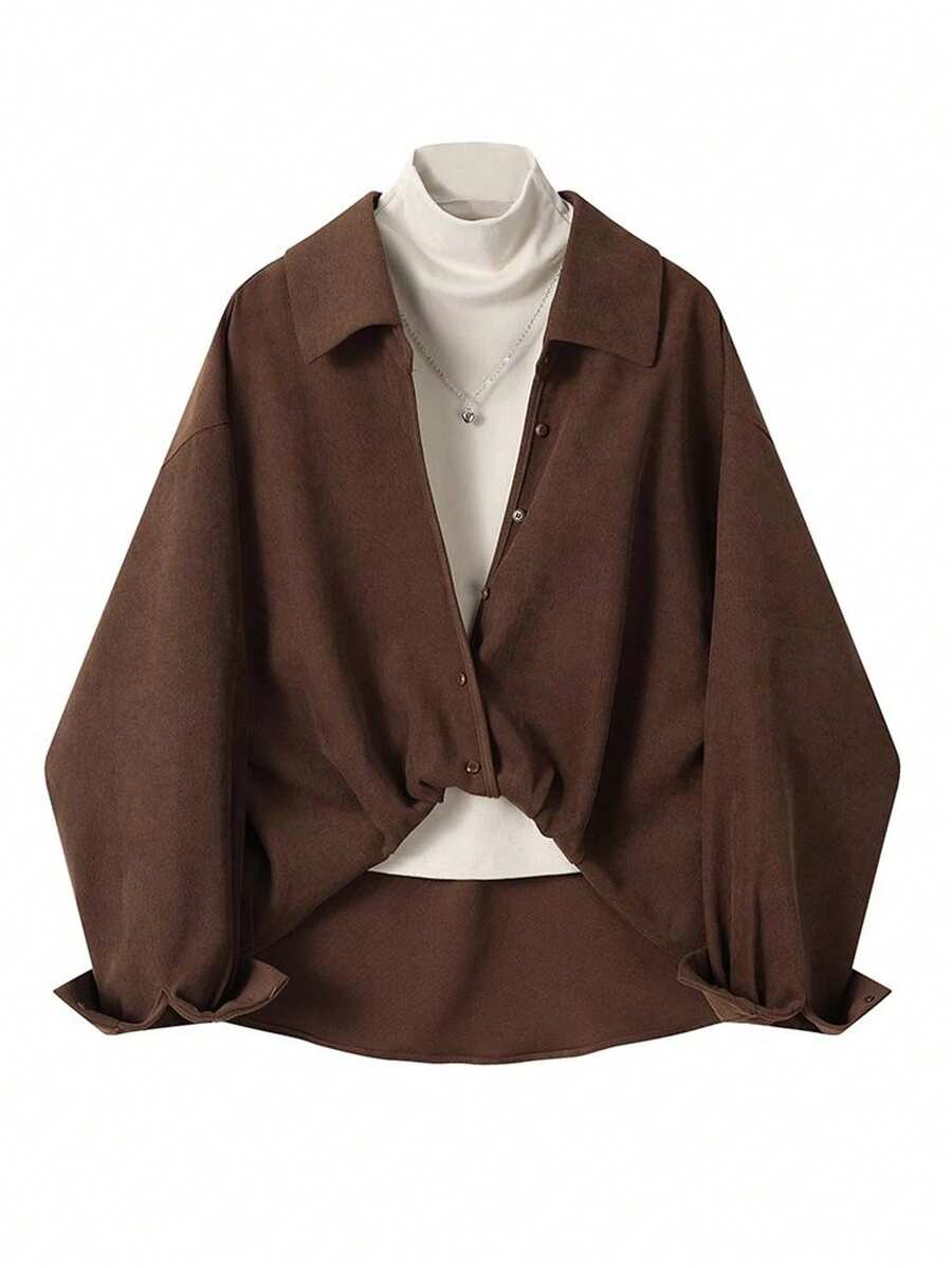 INAWLY 2pcs Women Casual Loose Fitting Shirt Set - Coffee Brown - View 1