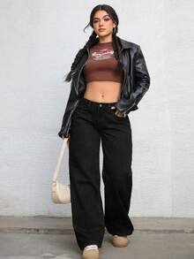 Jeanoix 大码 Y2K 时尚做旧水洗低腰宽松牛仔裤 - 黑色 - 查看 3