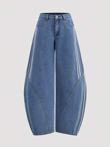 SHEIN MOD 女士口袋喇叭宽松休闲百搭牛仔裤，高腰宽松版型牛仔裤，侧边条纹细节，阔腿设计，适合冬季和新年穿着，休闲百搭。 - 中等水洗藍 - 查看 3