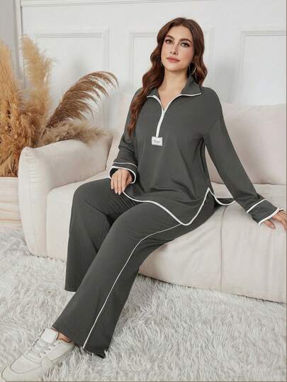 Modelyn Women's Black Stand Collar Half Zip Hoodie With Letter Patch, Loose Casual Two Pieces Set, Suitable For Autumn/Winter