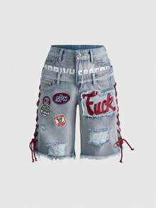 ROMWE Avant 女士Y2K复古运动芭蕾风图案刺绣抽绳低腰性感牛仔短裤 - 藍色 - 查看 1