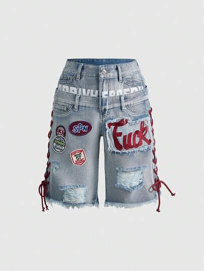 ROMWE Avant Women's Y2K Retro Jersey Sports Ballet Style Graphic Logo Embroidered Drawstring Low Waist Sexy Denim Shorts