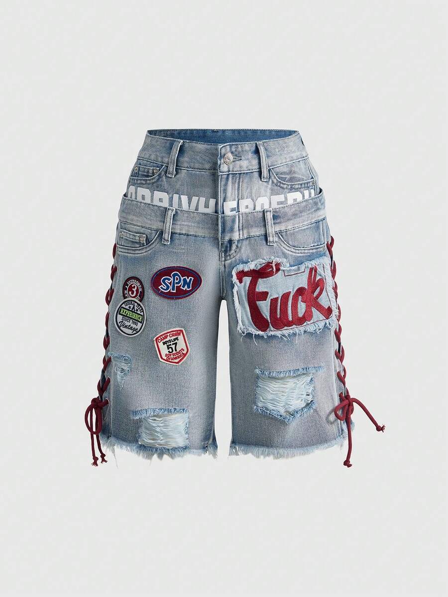 ROMWE Avant 女士Y2K复古运动芭蕾风图案刺绣抽绳低腰性感牛仔短裤 - 藍色 - 查看 1