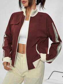 Flirla Áo khoác dài tay có khóa kéo màu tương phản thường ngày dành cho nữ - Màu Đỏ Sâu - Xem 4