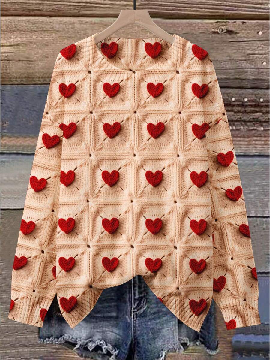 EMERY ROSE Sudadera con gráfico de corazón rojo para el Día de San Valentín en tallas grandes - Beis - Ver 1
