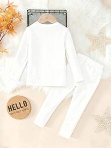 2件套女童高领长袖打底衫和保暖裤套装 - 白色 - 查看 2