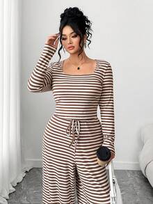 SHEIN EZwear 大码条纹上衣和裤子休闲两件套 - 彩色 - 查看 5