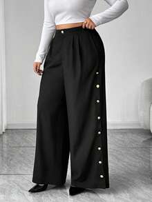 Elenzga Plus Size Women's Fashion Side Slit Metal Button Wide Leg Casual Pants, Suitable For Business And Commuting - Black - View 3