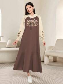 Modelyn NYC Letter Graphic Print Grey Fashionable Hooded Raglan Long Sleeve Maxi Dress For Women, Spring/Autumn - Multicolor - View 1