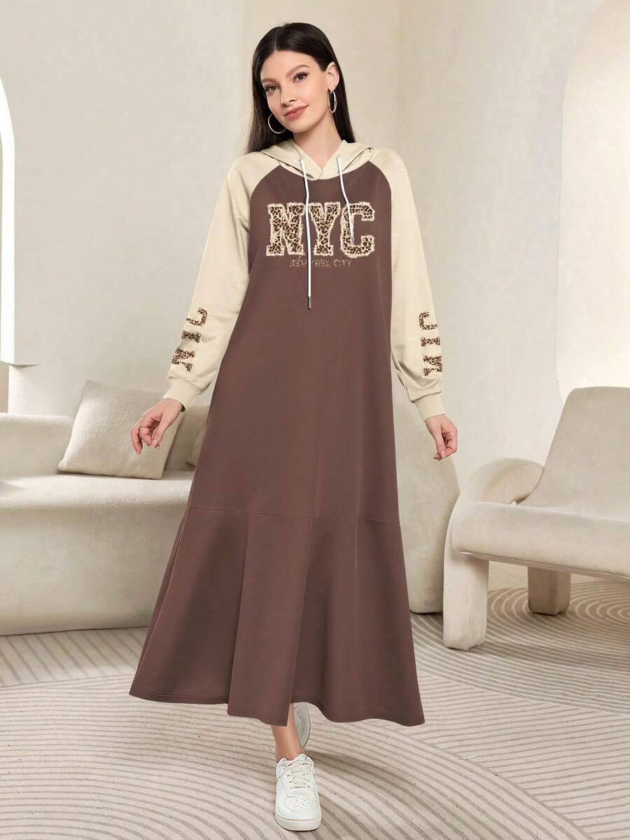 Modelyn NYC Letter Graphic Print Grey Fashionable Hooded Raglan Long Sleeve Maxi Dress For Women, Spring/Autumn - Multicolor - View 1
