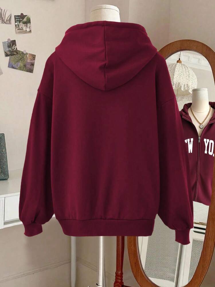 INAWLY Plus Size Casual Letter Graphic Zip-Up Loose Sweatshirt, Autumn - Burgundy - View 2