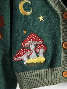 ROMWE Fairycore 复古女士V领纽扣长袖蘑菇、植物、月亮和星星刺绣开衫毛衣 - 彩色 - 查看 4