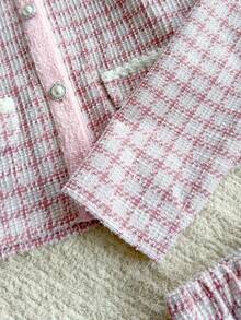 PrepCrw 2pcs Tween Girls Elegant School Style Casual Urban White Trim Pearl Button Pink Plaid Jacket And Skirt Set, Suitable For Home, Daily Wear, Christmas, Festivals, Autumn/Winter  Skirt And Jacket Set Tweed Set Pink Tweed Outfit Tweed Skirt Set Preppy Two Piece Set,Fall Girls Tweed Outfit Pink Tweed Set Gingham Set Girld Outfit Set Aesthetic Preppy Clothes For Girls 12,Holiday , Christmas