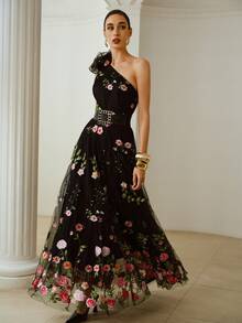 ZEYLAH 3D Floral Embroidered Mesh Women Dress - Black - View 6