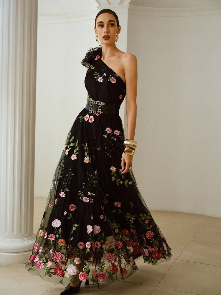 shein embroidered dress ZEYLAH 3D Floral Embroidered Mesh Women Dress