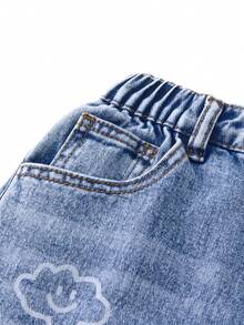 SHEIN ChillGRL بنطلون جينز واسع الساق للبنات المراهقات، مطرز بنقوش الثلج، مغسول ومشوه بالتآكل، موضة جديدة - أزرق متوسط - مشاهدة 6