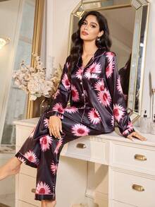 Reife, elegante Blumenmuster Popeline Strickjacke Damen Pyjama Set