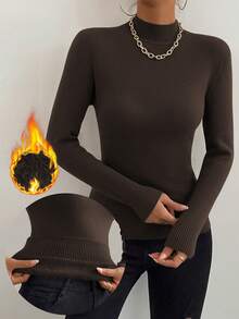 Chiquease Women's Solid Color Round Neck Long Sleeve Casual Fleece Sweater, Autumn/Winter - Coffee Brown - View 9