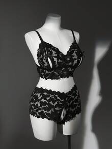 SHEIN 2件套大码女士性感蕾丝内衣套装 - 黑色 - 查看 5