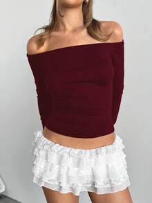 SHEIN EZwear 女士露肩修身休闲长袖T恤，酒红色，春秋季 - 酒紅色 - 查看 9