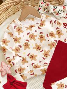 SHEIN Weihnachtsfeier, cremeweiß & burgunderrot, süßer Lebkuchenmann & Schleifen-Muster, Baby Mädchen Lässig weich warm Rundhals Langarm Sweatshirt und Leggings Set, geeignet für Herbst/Winter Alltagstragen, Weihnachten, Neujahr, Straßenmode, Zuhause, Urlaub